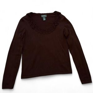 Lauren Ralph Lauren women’s brown silk blend lace ruffle neck sweater- Size M